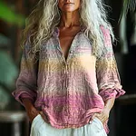 Women's Retro Cancer Awareness Ribbon Art Gradient Style Casual Linen Shirt - Image 2