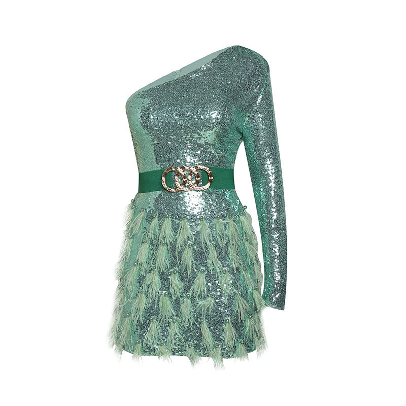 ONE-SHOULDER  FEATHER SEQUINS MINI DRESS