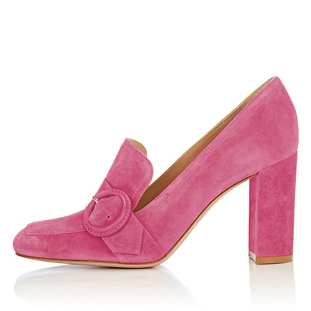 Hot Pink Square Toe Buckle Chunky Heeled Vegan Suede Loafers Women