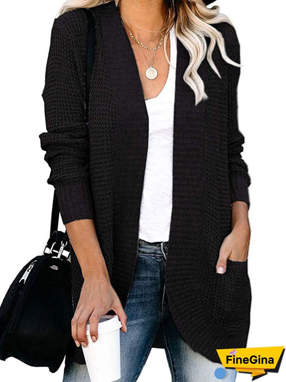 Women's Waffle Solid Color Stitching V-neck Long Sleeve Coat