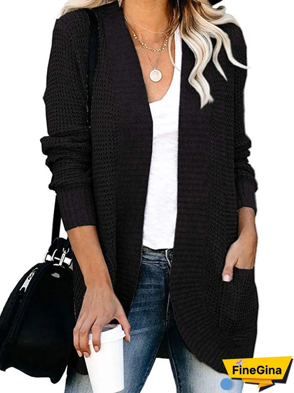 Women's Waffle Solid Color Stitching V-neck Long Sleeve Coat