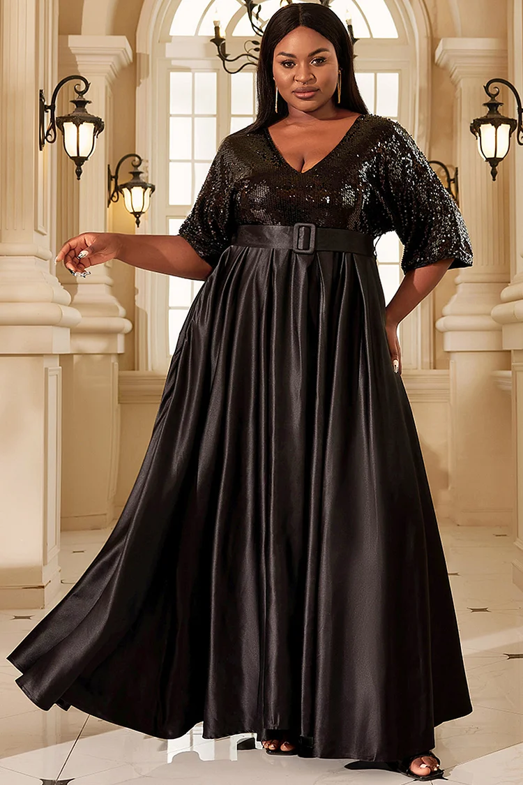 Plus Size Black Formal Elegant Strapless Slit With Pockets Gown Maxi Dresses