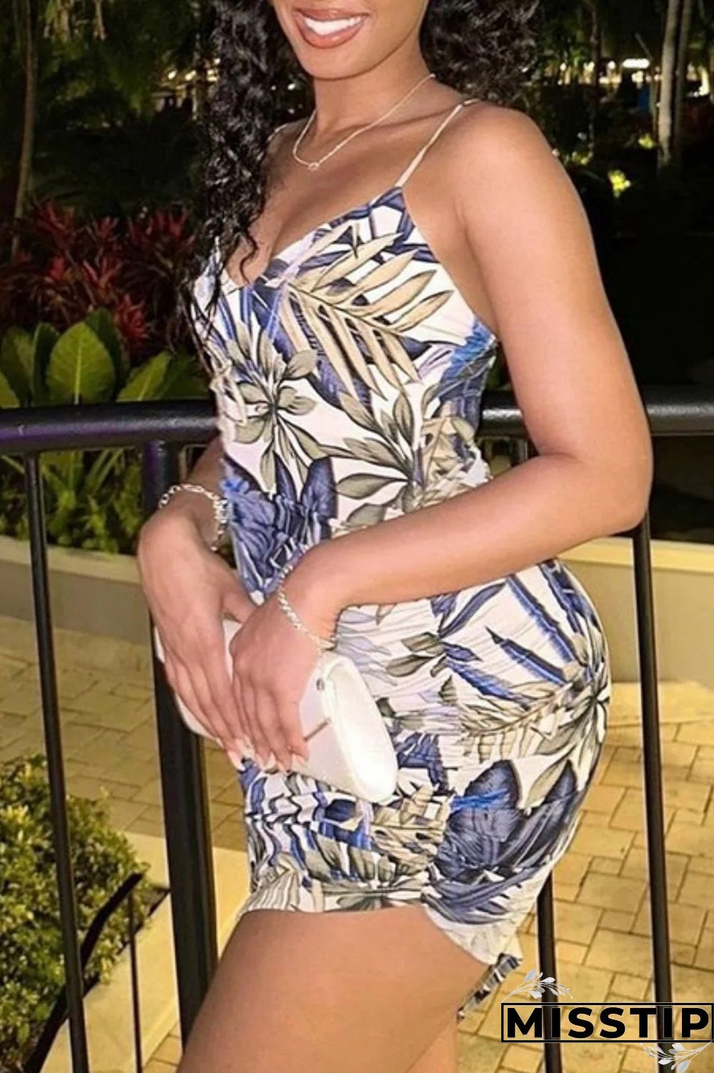 Multicolor Sexy Casual Print Backless Fold Spaghetti Strap Sleeveless Dress Dresses