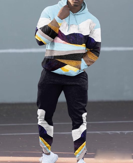 Casual Colorblock Drawstring Hoodie & Pants Set