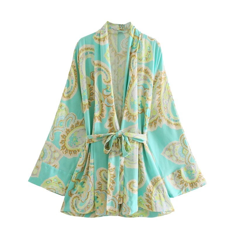 TRAF Women Fashion With Belt Printed Cozy Kimono Blouses Vintage V Neck Long Sleeve Female Dresses Vestidos Mujer