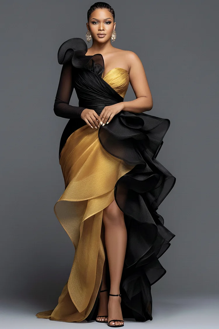 Xpluswear Design Plus Size Formal Gold Oblique Collar One Shoulder Long Sleeve Ruffle Elegant Asymmetric Hem Irregular Hem Maxi Dresses [Pre-Order]
