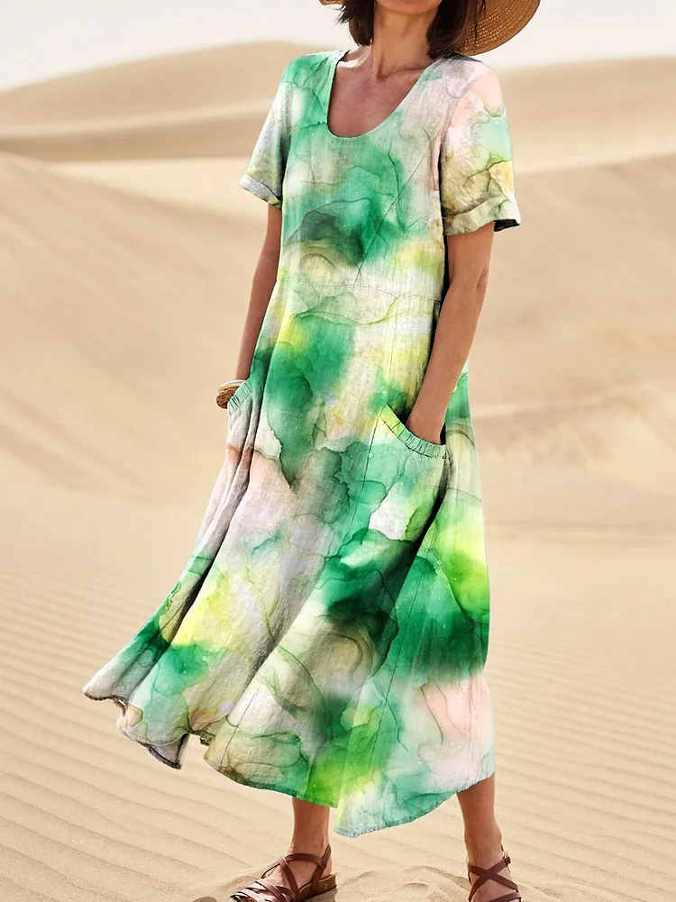 Green Ink Print Women's Linen Pocket Dress