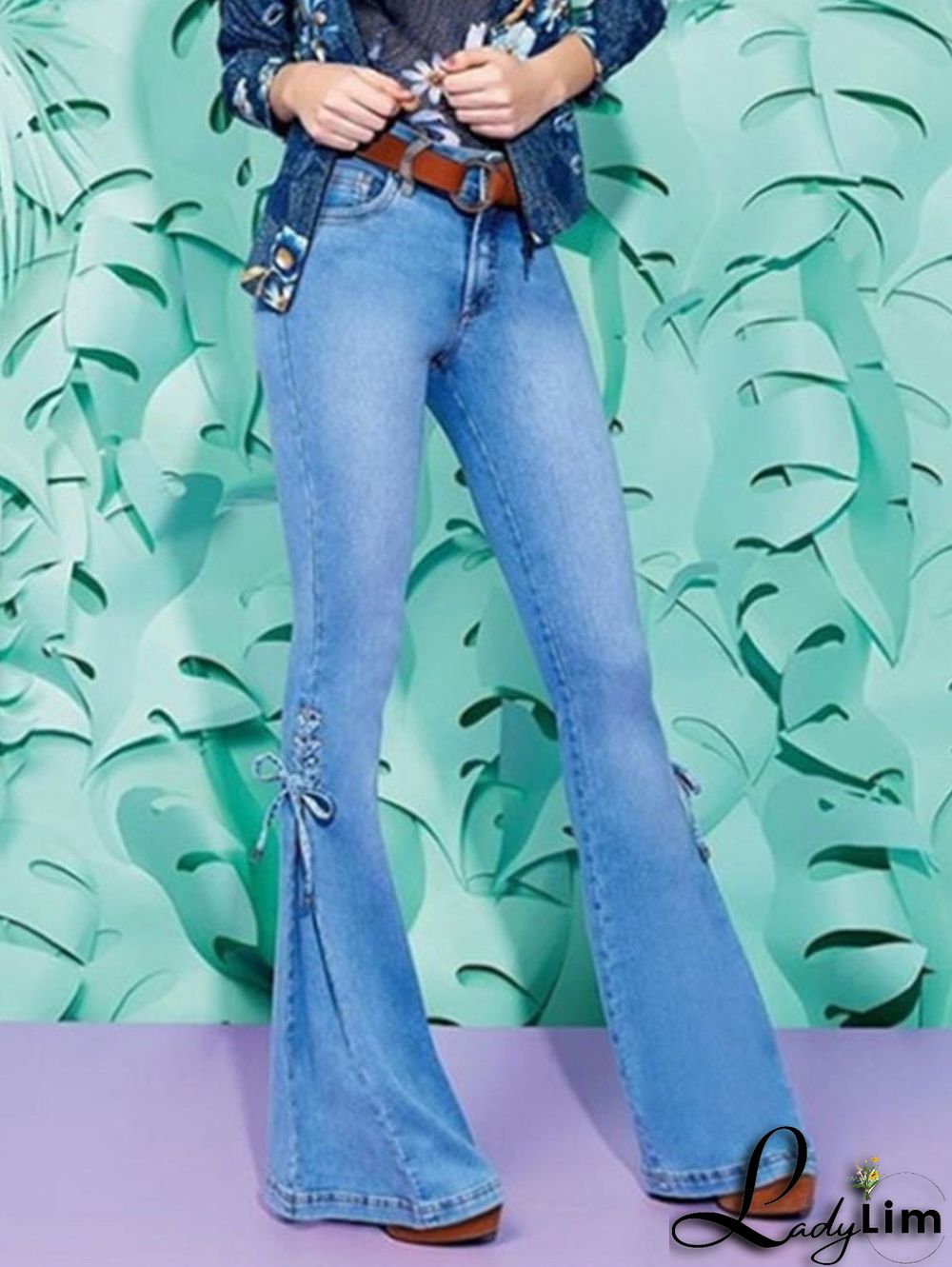 Fashion Plain Flare Leg Lace-Up Denim Slim Fit Pants