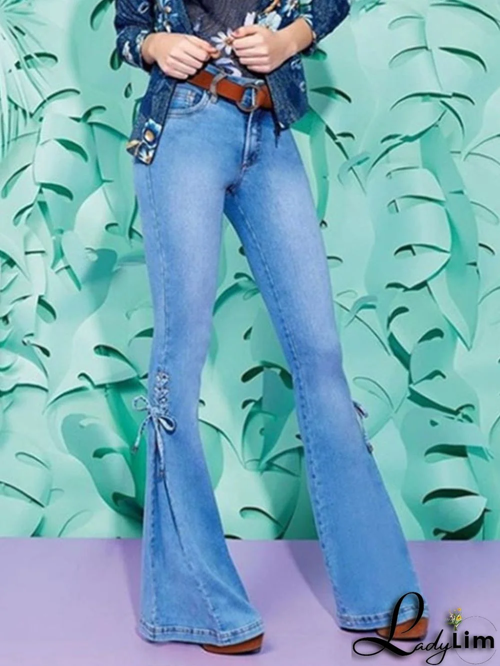 Fashion Plain Flare Leg Lace-Up Denim Slim Fit Pants