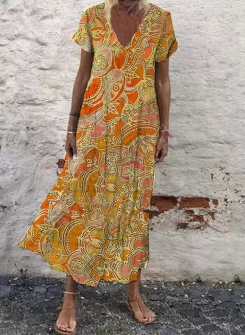 Boho Floral V-Neckline Short Sleeve Maxi Dress