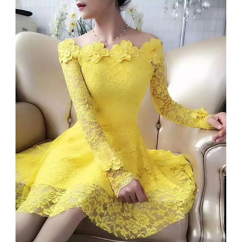 2020 Autumn New Flower Lace Women Dress Slim Long Sleeve Female Dresses