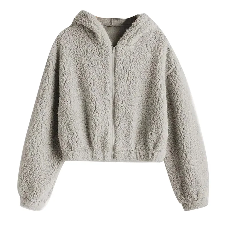 Women Sweatshirt Solid Zipper Long Sleeve Fluffy Plush Sweatershirt Hoodie Tops Women's Hoodie