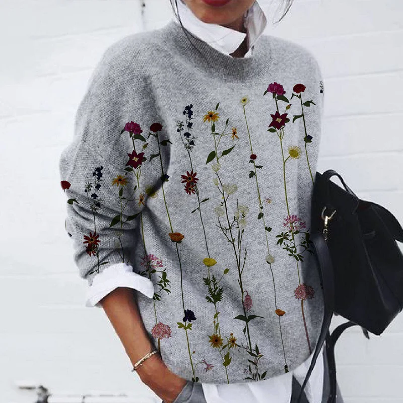 Fashion Brushed Flower Print Loose Long-Sleeved Sweater