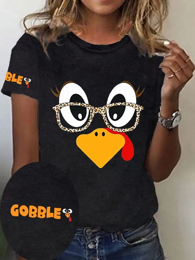 Women's Thanksgiving Day Cute Turkey Fall Thanksgiving Print T-Shirt 