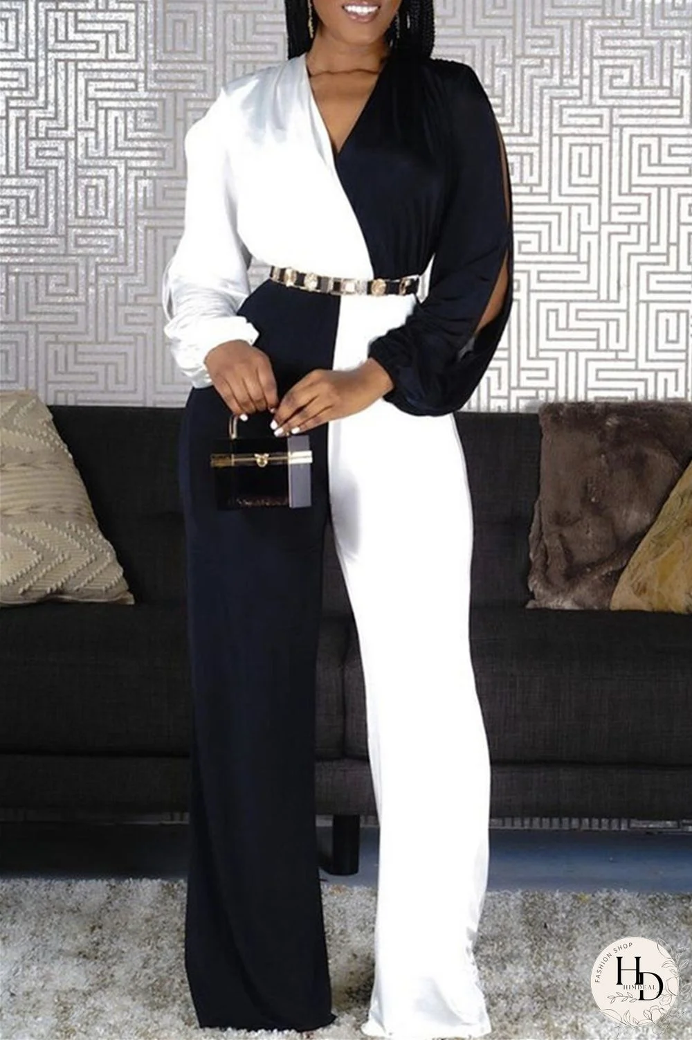 Black Fashion Casual Patchwork Hollowed Out V Neck Regular Jumpsuits (Without Belt)