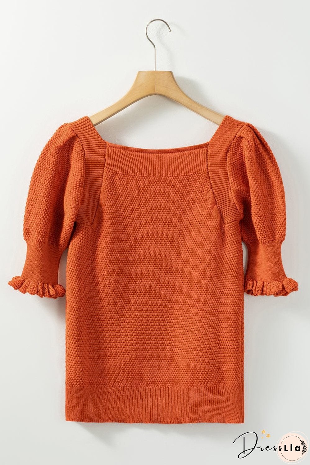 Golden Textured Knit Puff Sleeve Square Neck Sweater