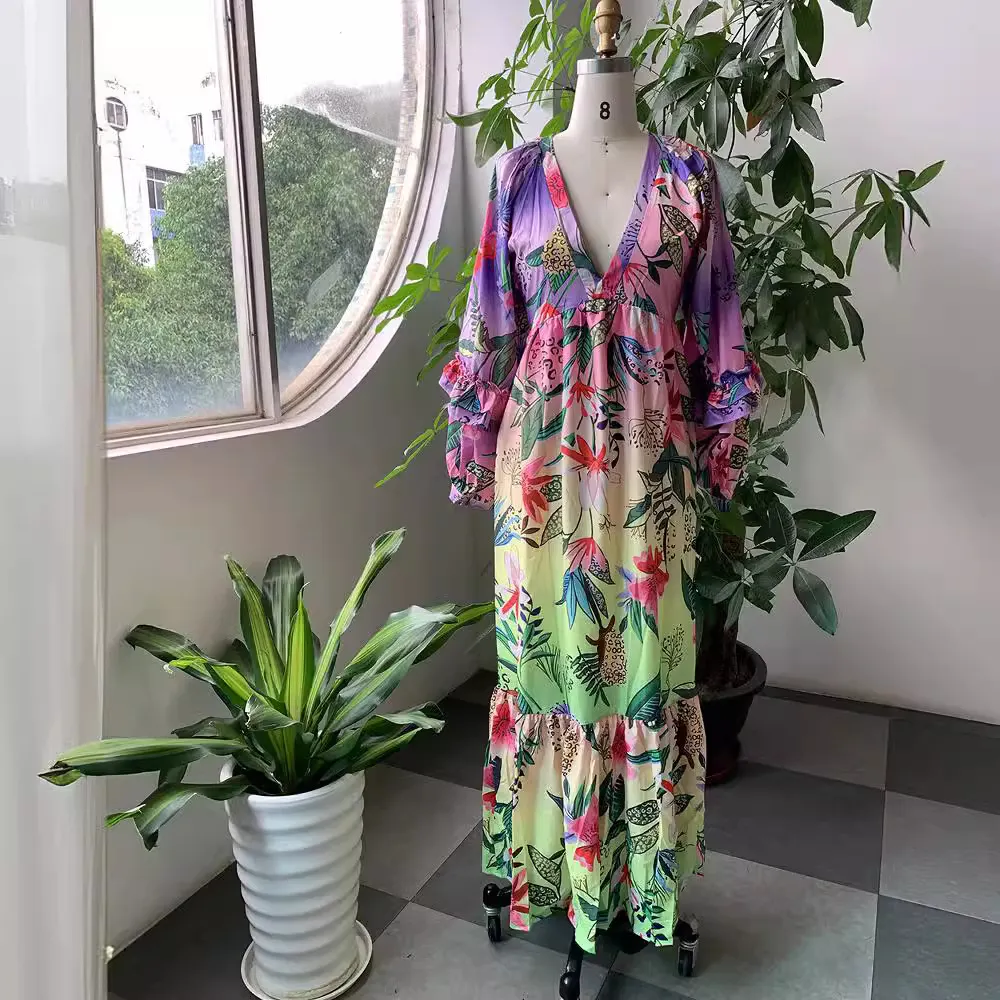 Brownm Brownm Summer New Printing Gradient Lotus Leaf Side V-Neck Sexy Lanky Long Dress Dress