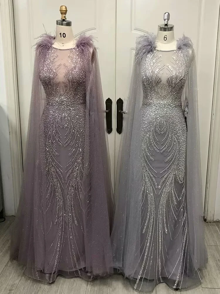 Miabel Gorgeous Sleeveless Feather Bead Embroidery Champagne Prom Dress With Shawls