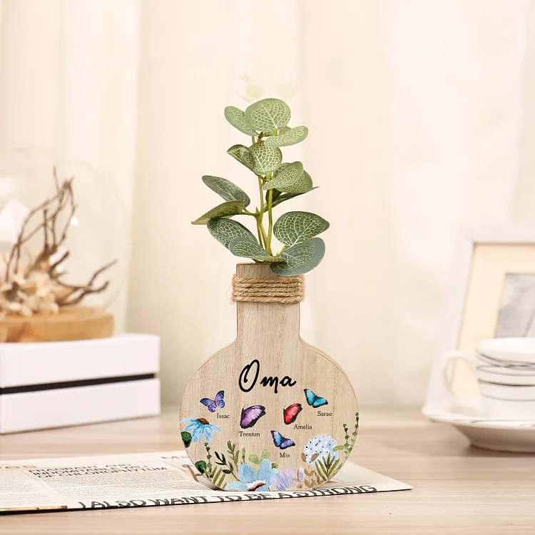 Kettenmachen Holz Personalisierter 5 Namen & Text Bunt Schmetterling & Blumen Familie Vase