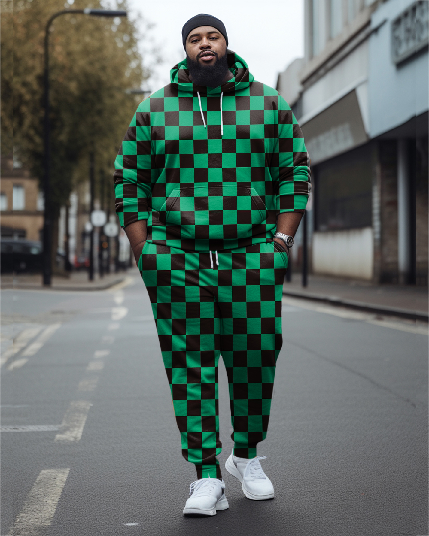 Men's Large Size Green Plaid Colorblock Casual Hoodie And Sweatpants Two-Piece Set