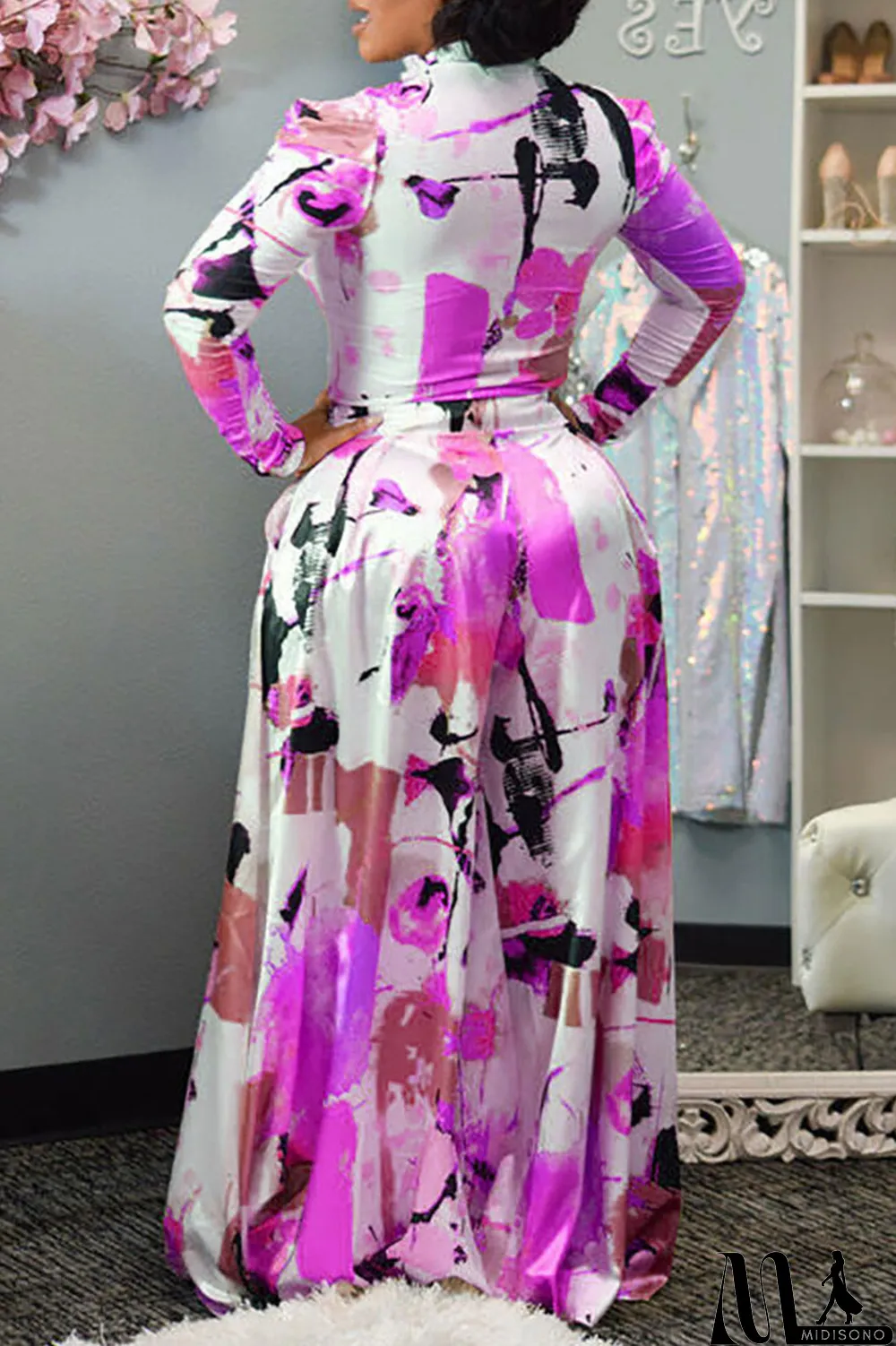 MidiSono - Purple Casual Print Split Joint Half A Turtleneck Long Sleeve Two Pieces