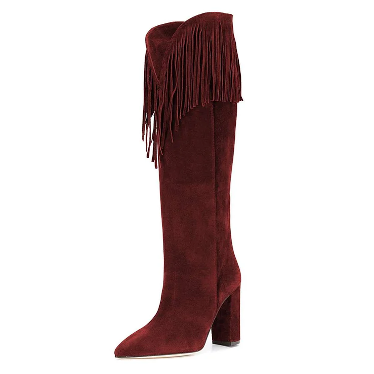 Burgundy Fringe Chunky Heel Boots Vegan Suede Pointy Toe High Boots |FSJ Shoes