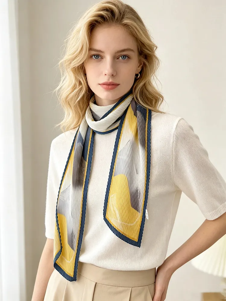 Yellow and blue pleated embossed long silk scarf