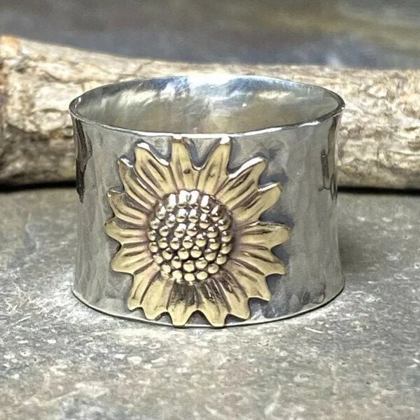 925 Golden Sunflower Wide Band Ring