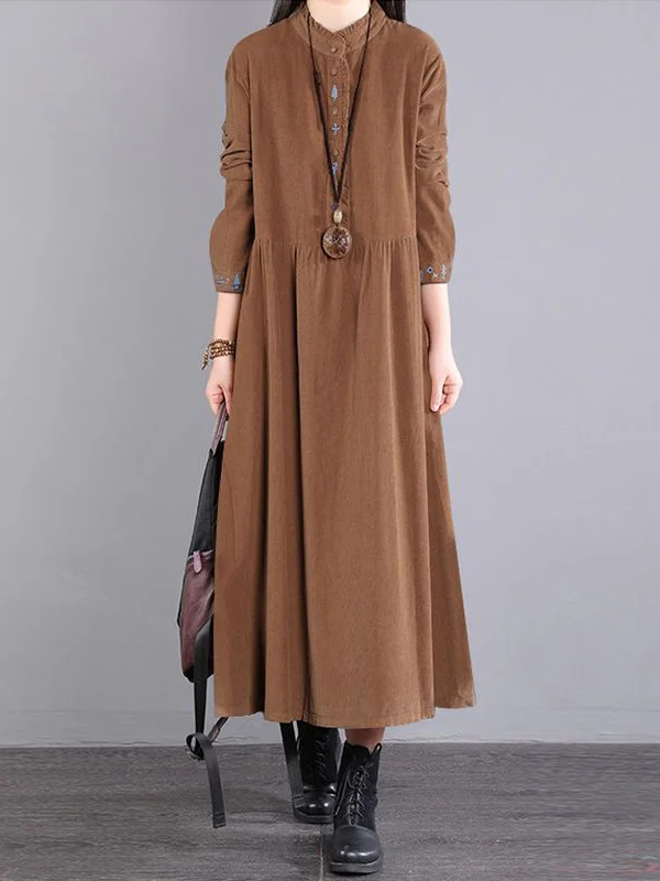 Vintage Corduroy Long Sleeves A-Line Embroidered Solid Round-Neck Midi Dresses