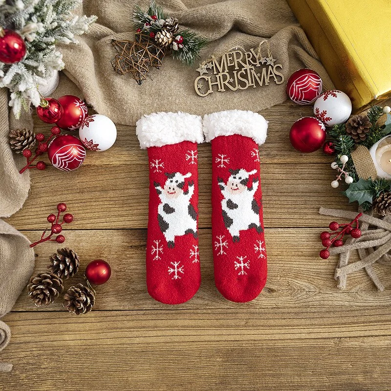 Christmas Gift Floor Socks Women Winter Warm Socks Santa Thick Plush Anti-slip Silicone Female Sleeping Home Sox Harajuku Style