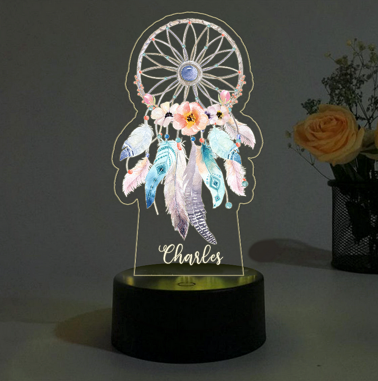 Lámpara 3D Ilusión Luz de noche Atrapasueños y flor LED Luces de colores personalizadas 1 nombre