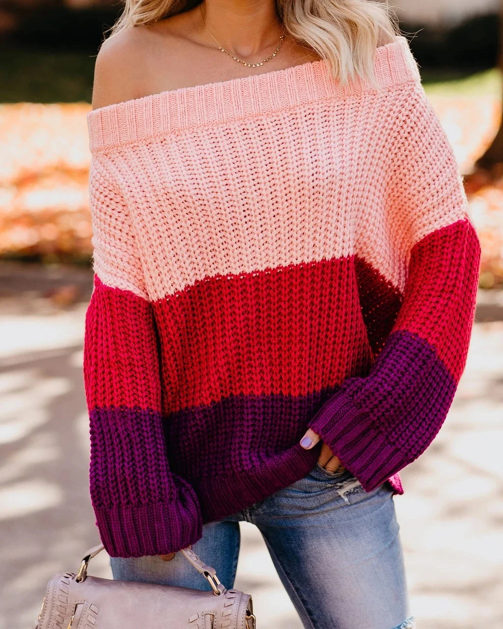 Mongw Mongw And Winter Women's One Word Collar Loose Splicing Color Knit Jumper Sweater Women