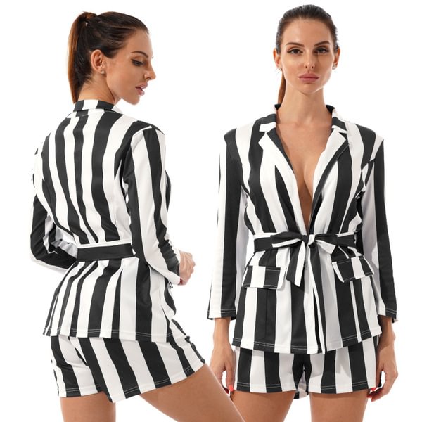 Women Fashion Striped Two-Piece Outfits Office Lady Clubwear 3/4 Blazer Jacket With Belted Shorts - Shop Trendy Women's Fashion | TeeYours