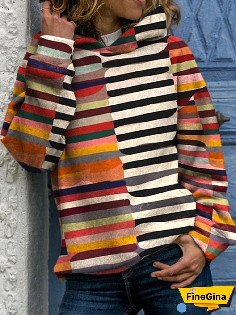 Colorful Black and White Stripe Hooded Sweatshirt