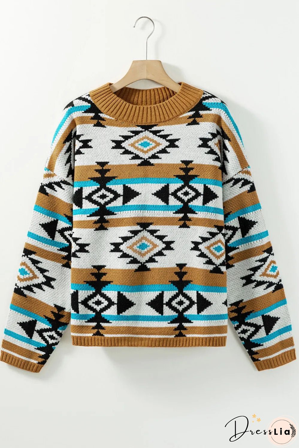 Full Size Geometric Round Neck Long Sleeve Sweater