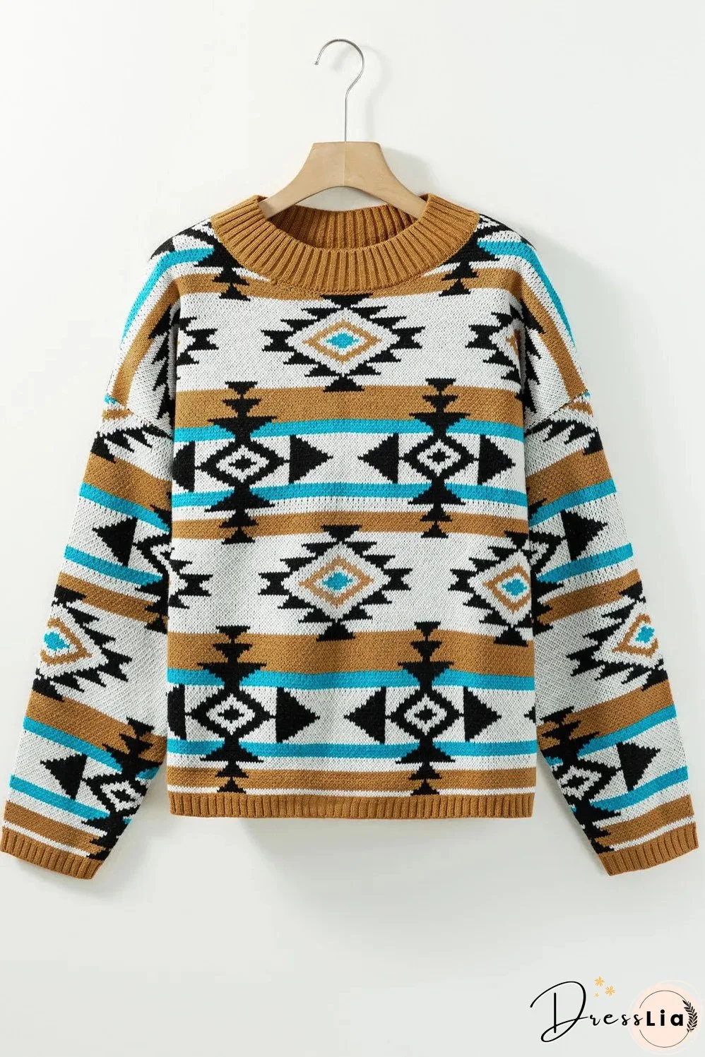 Full Size Geometric Round Neck Long Sleeve Sweater