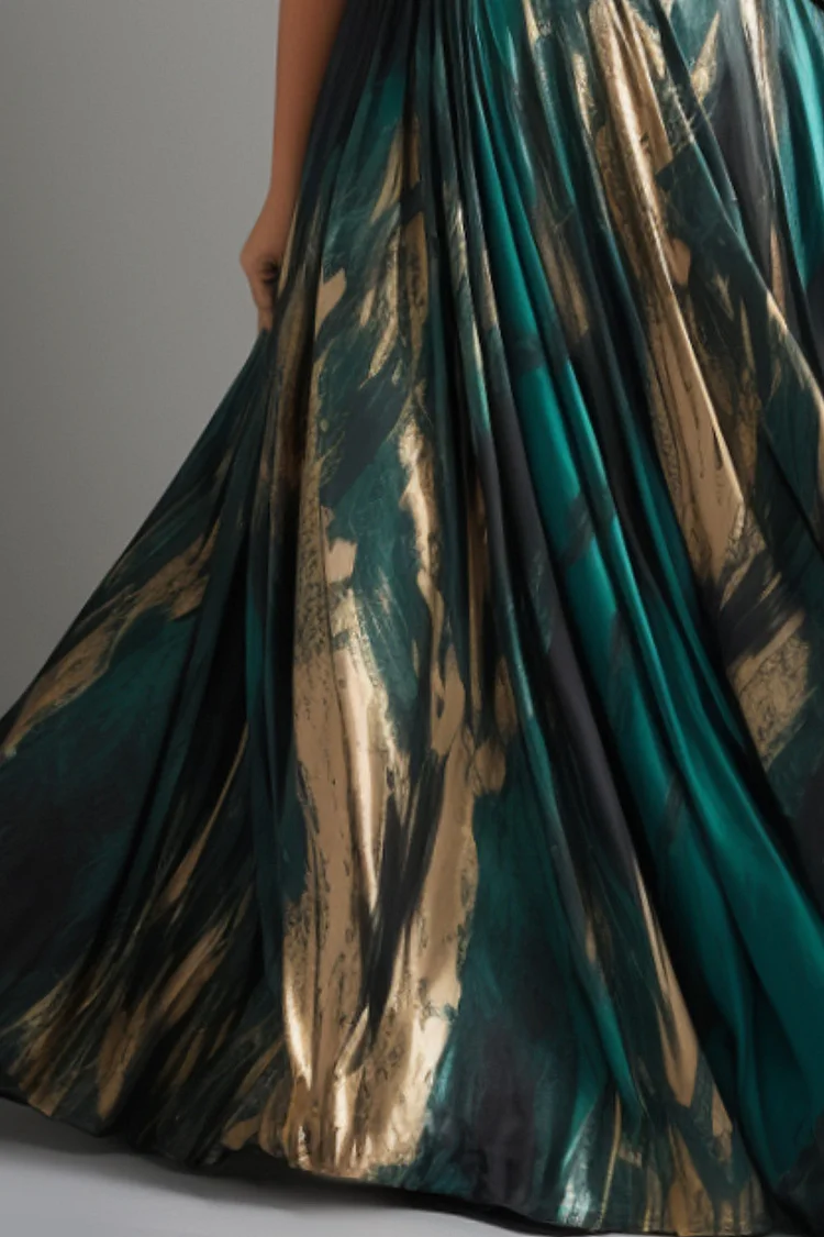 Flycurvy Plus Size Wedding Guest Black Satin Printed Wrap Sleeveless Maxi Dress