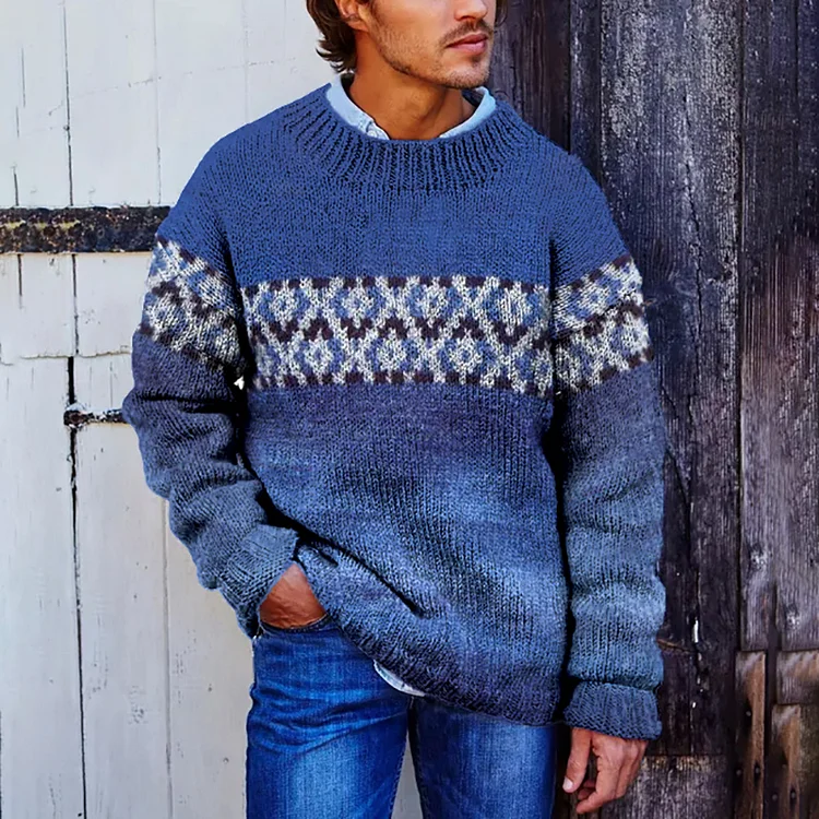 Gradient Ethnic Totem Jacquard Iceland Crew Neck Sweater