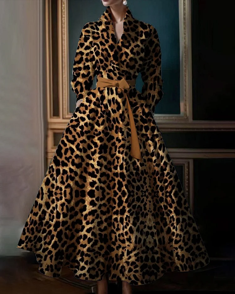 Women's Lapel Long Sleeve Leopard Print Dress