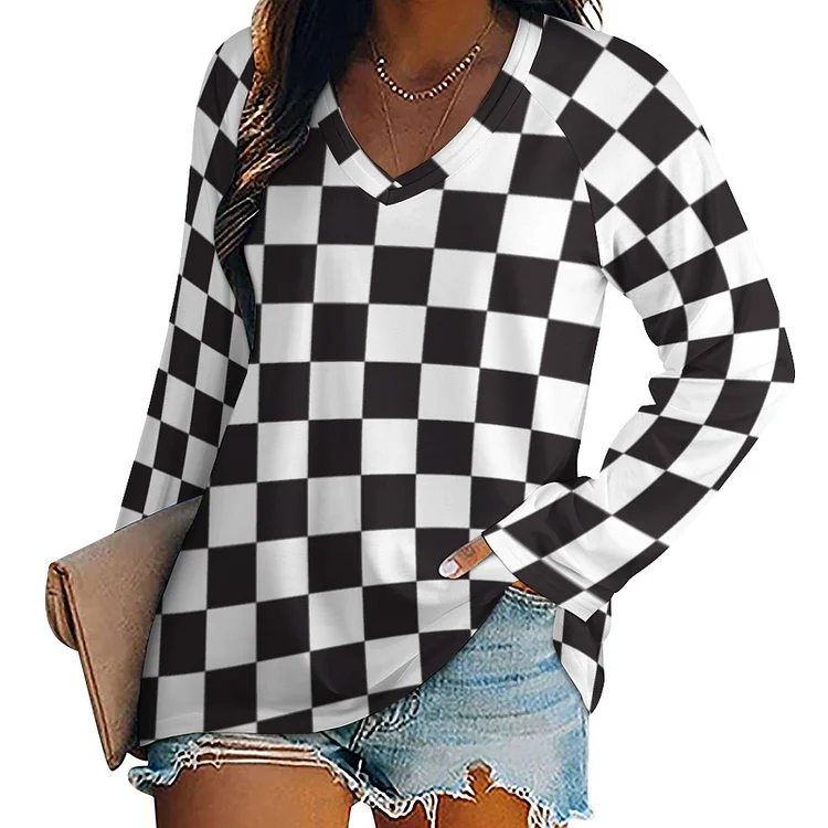 Race Cars Racing Flags Checkered Checker Flag Women Crew Neck Dressy Tops Loose V-Neck Long Sleeve Tunic Tops - Heather Prints Shirts
