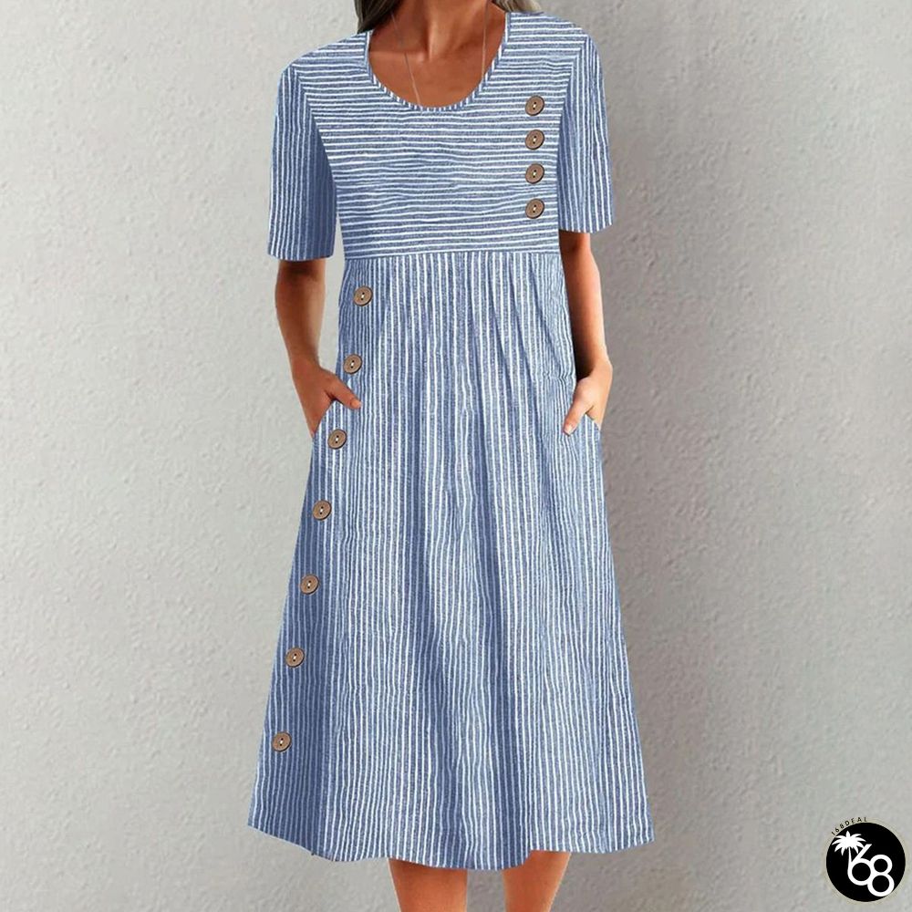Blue Striped Short Sleeve Midi Dress | 168DEAL