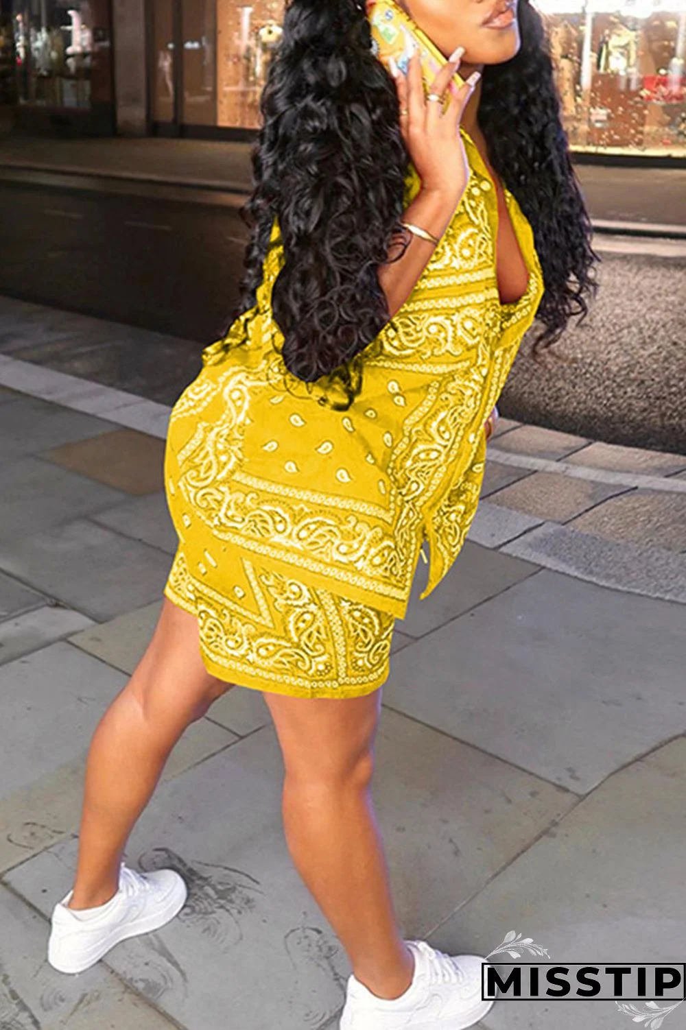 Yellow Casual Print Patchwork Buckle Turndown Collar Short Sleeve Two Pieces