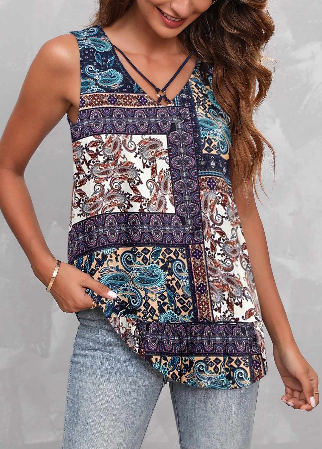 Ring Detail Tribal Print Tank Top