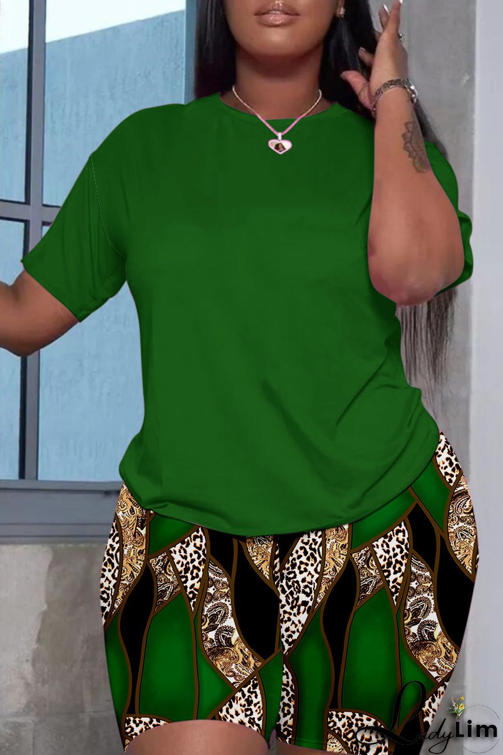 Red Casual Print Basic O Neck Short Sleeve Two Pieces