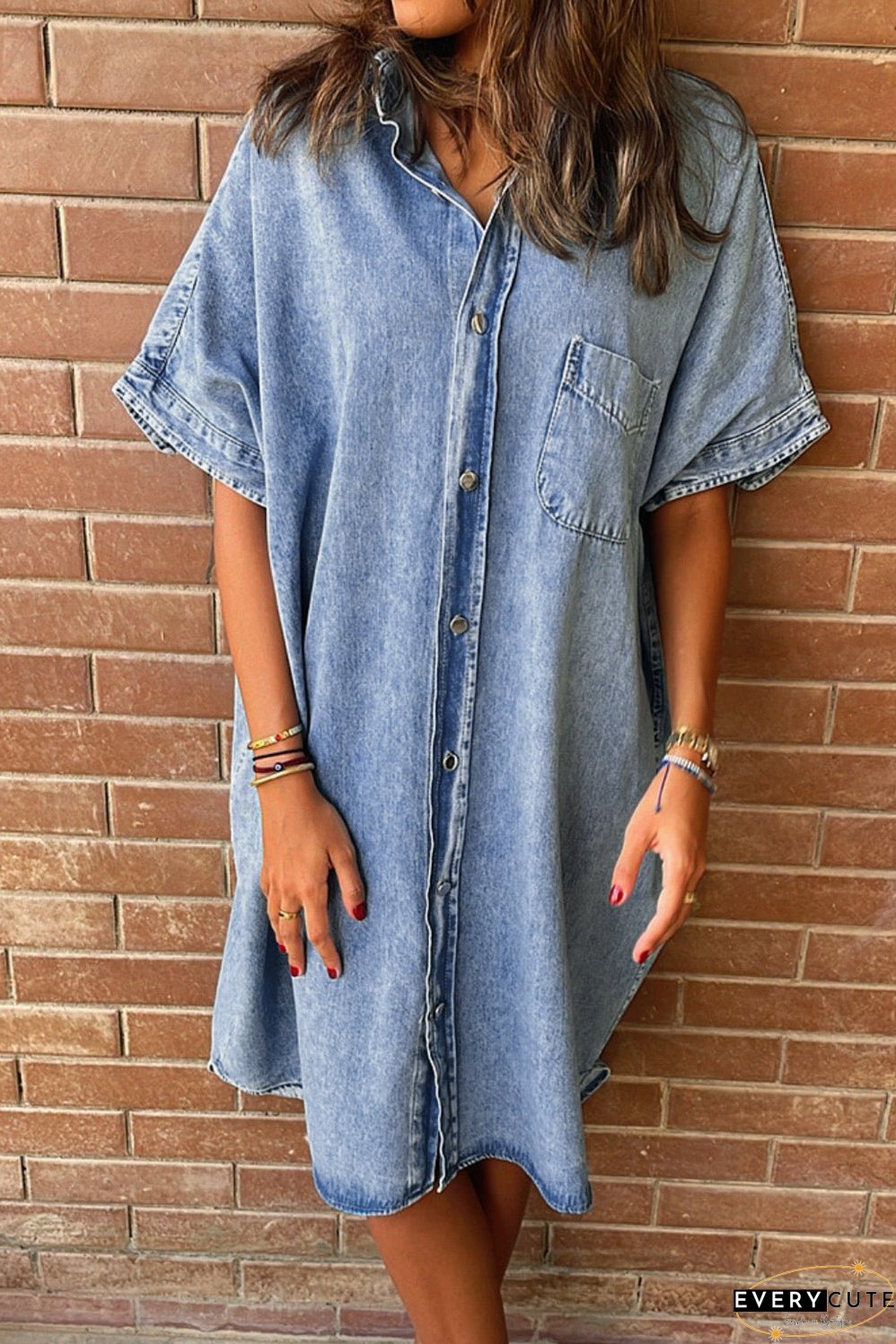 Denim Shirt Dress with Button Pockets