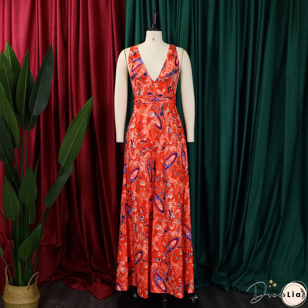 Plus Size Women African Print Halter Neck Beach Jumpsuit