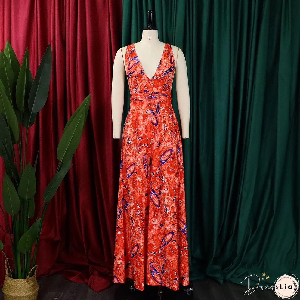 Plus Size Women African Print Halter Neck Beach Jumpsuit