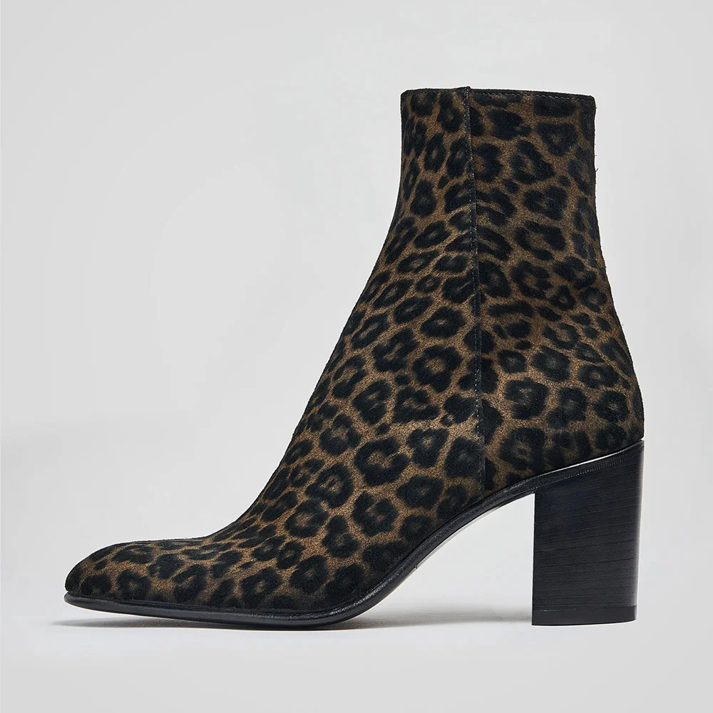 Black & Tan Leopard Pattern Chunky Heel Boots with Ankle Length