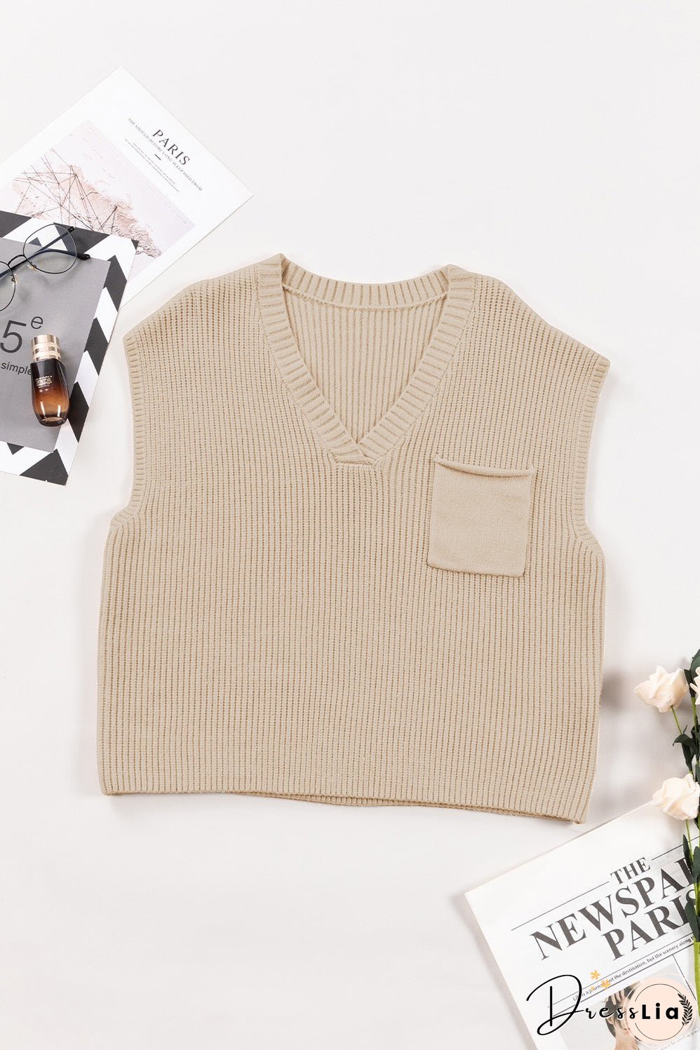 Pocketed V-Neck Cap Sleeve Sweater