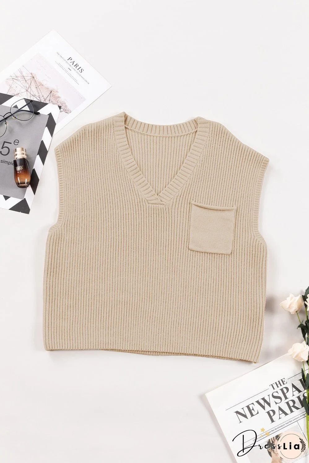Pocketed V-Neck Cap Sleeve Sweater
